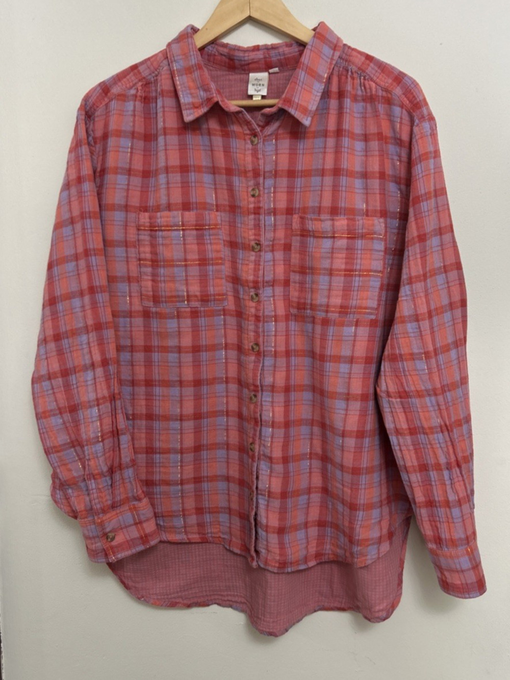 Seen Worn Kept Womens Size 14 Plaid Button Up Shirt Pink Red Lined Hi Lo Hem